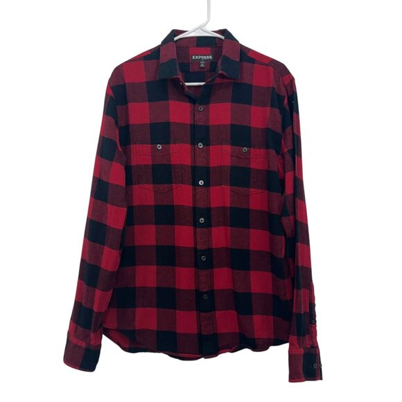 Express Mens Flannel Red & Black Plaid Long Sleeve Button-Down Shirt Size L - Picture 10 of 10